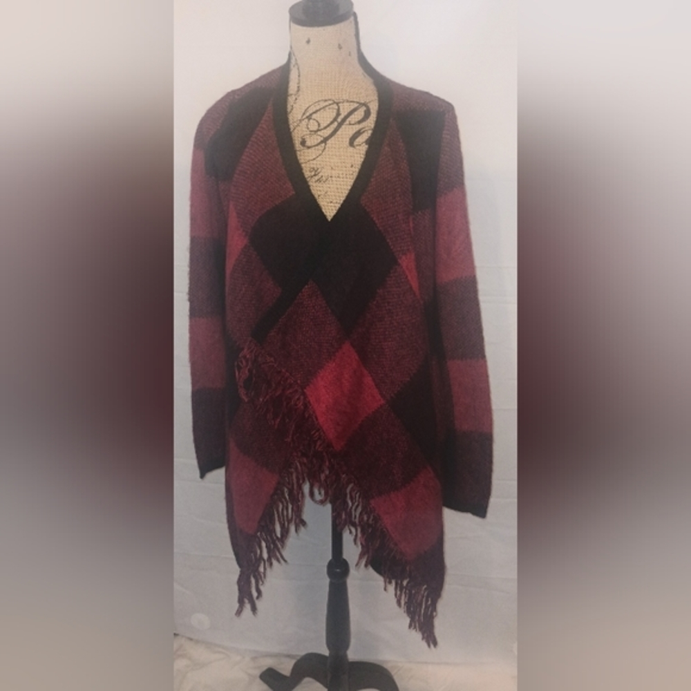 No boundaries red and black wrap around poncho sweater